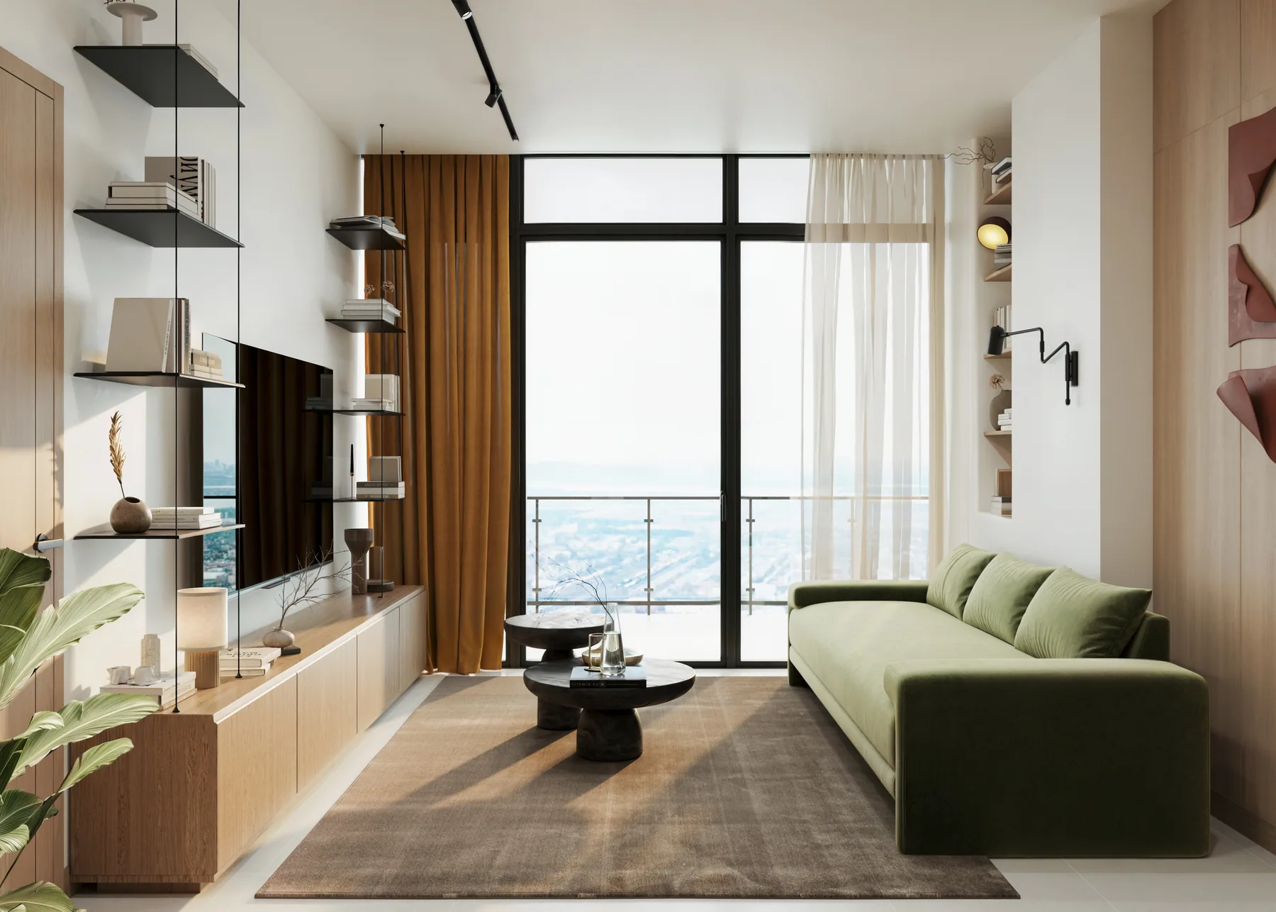 Curated Kitisuru living room render with green sofa and full-height balcony glazing