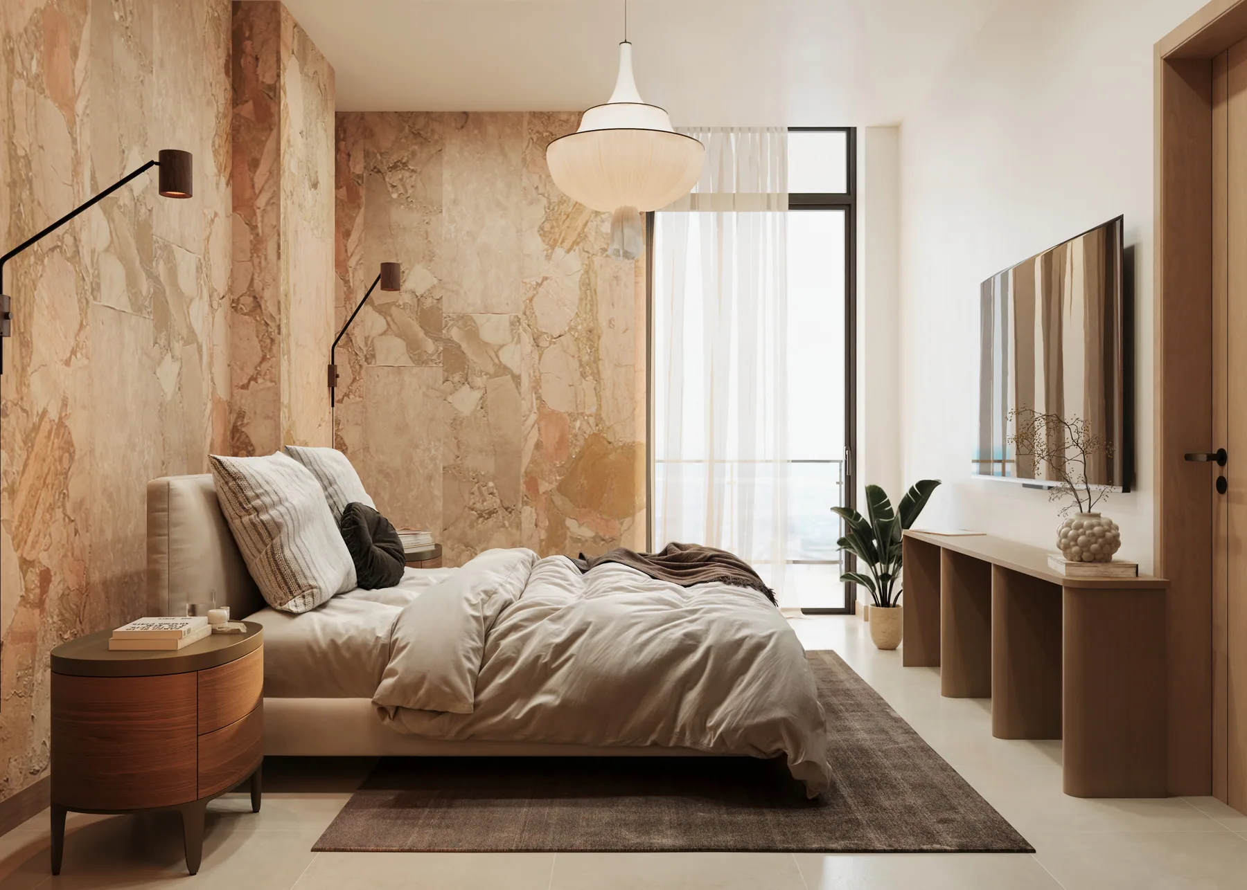 Curated Kitisuru bedroom render with balcony glazing and warm material palette