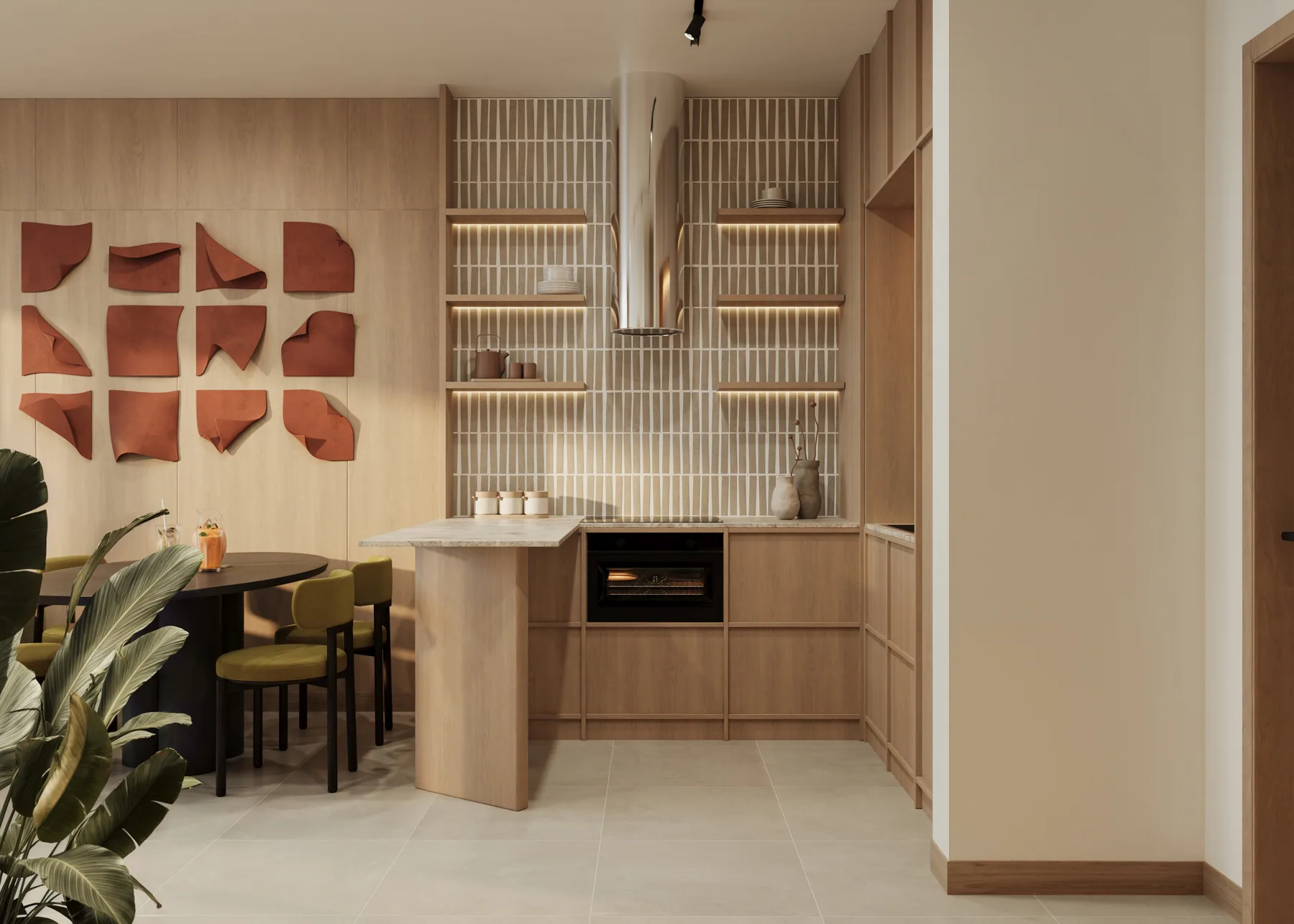 Curated Kitisuru kitchen and dining render with timber cabinetry and round table